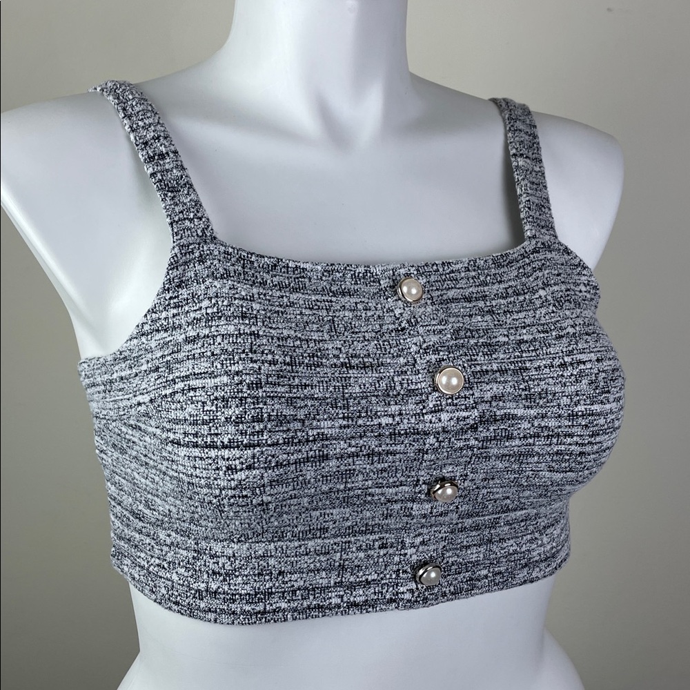 Almost Famous Big Pearl Button Stretch Crop Tank Tweed Smocked